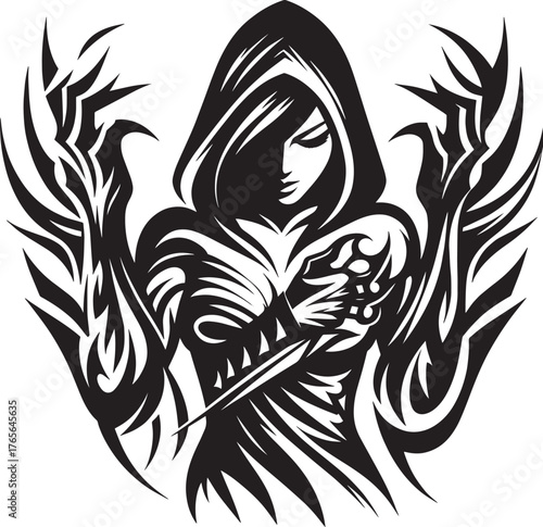 Mysterious hooded figure with abstract wings and a dagger, a dar