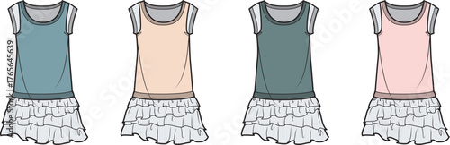 Collection of women's sleeveless camisole-style dresses with layered ruffle hems, presented as technical fashion flats in a variety of soft, contemporary color palettes suitable for design concepts