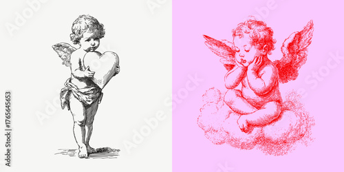 Vintage engraving cherub carrying heart and sleeping on fluffy cloud. Romantic sketchy pencil artwork for Valentine or wedding cards and posters.