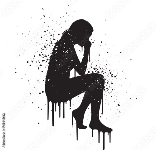 Distressed Woman Silhouette in Striking Black and White Expressi