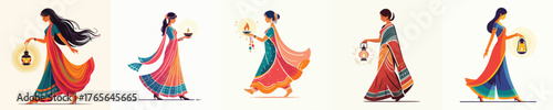 vector of an indian woman walk carrying an oil lantern celebrating diwali