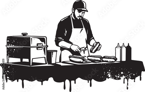 Monochromatic illustration showcasing a chef assembling hot dogs