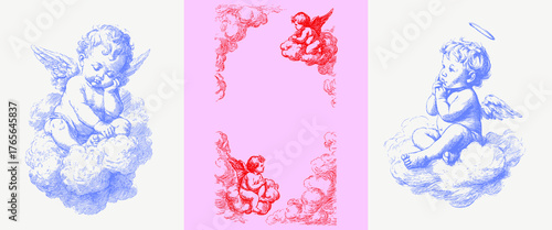 Vintage cherub angels resting on clouds. Romantic baroque pencil line artwork for cards, wedding design, religious and interior decor.