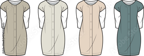 Fashion flat technical illustration of women's casual tunic dresses. Four designs with layered sleeves and button placket in neutral colors, for apparel design