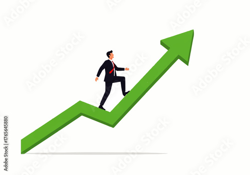 Ambitious businessman climbs upward trending arrow, striving for growth, success, and financial gains in competitive market environment