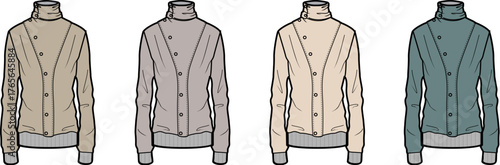 Collection of modern jackets with an asymmetrical zipper, presented as a fashion technical flat sketch in four color variations