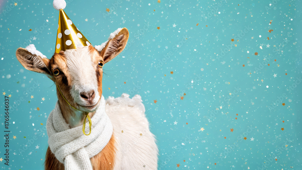 Fototapeta premium Festive Goat with Scarf and Party Hat on Turquoise Snowy Background
