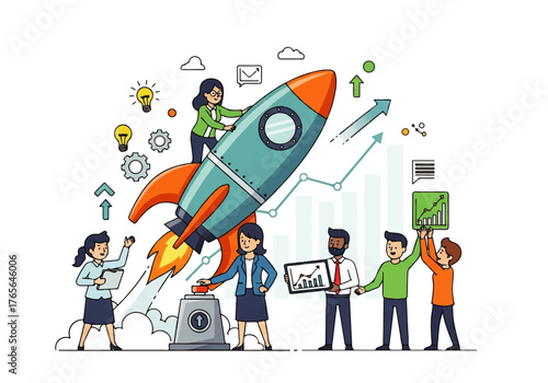 Dynamic team launching rocket to business success, visualizing growth with rising graphs, creative collaboration for startup innovation and progress