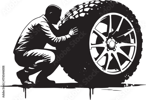 Automotive enthusiast meticulously inspects a tire, showcasing d