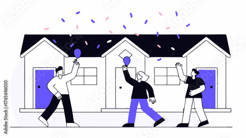 A street scene with animated individuals dancing and cheering while throwing handfuls of confetti into the air showcasing a sense of unity and celebration in the neighborhood.