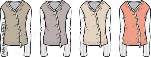 Vector illustration of women's stylish long sleeve v-neck cardigans with an asymmetrical button closure, depicted in a versatile palette of earthy and warm color variations