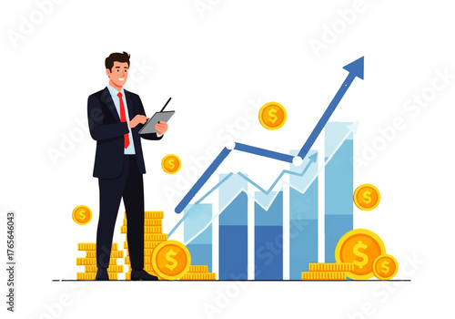 Confident businessman analyzes stunning financial growth chart, celebrating success with dynamic upward trending results and positive investment returns