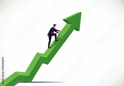 Dynamic business growth concept with ambitious man climbing upward trending green arrow, symbolizing success, achievement, and career progression