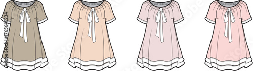 Vector technical flat sketch collection of a romantic babydoll dress or nightgown in four colorways, featuring a bow tie, lace trim, and gathered neckline for apparel design