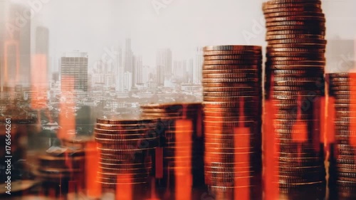 Stacked coins with city background financial investment and business concept