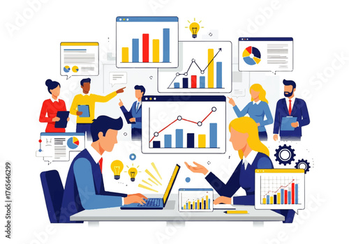 Dynamic team collaborating on data analysis and growth strategies using modern technology to enhance business performance and achieve financial success