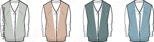 Set of four flat fashion illustrations of sleeveless vests in different colors, showcasing garment details