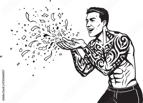 Tattooed man cheerfully celebrates with a burst of confetti in b