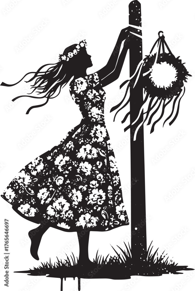 Silhouette of woman adorning a maypole with floral wreath in mon