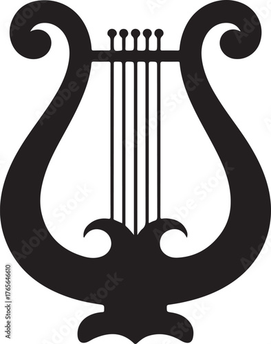 black silhouette of lyre on white background, vector.