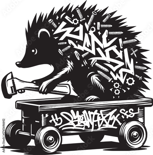 Artistic depiction of a hedgehog carrying tools and riding a wag