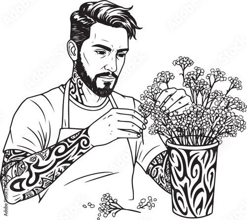 Line art illustration of tattooed florist arranging delicate bab