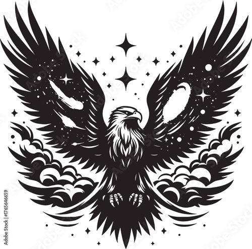 Majestic Eagle with Wings Spread, Celestial Design, Black and Wh