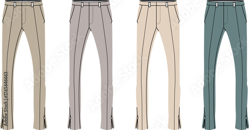 Collection of four tailored trousers in varying colors with zippers at the hemline