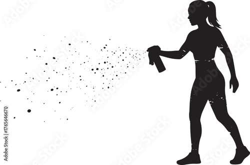 Silhouette of a woman spraying particles against white backgroun