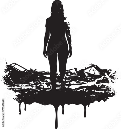 Silhouette of a woman standing amidst ruins representing strengt