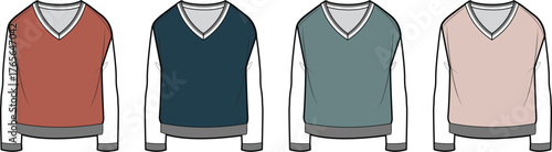 Men's V-neck sweater technical fashion flat sketch template. Vector illustration set of four colorful pullovers for apparel design