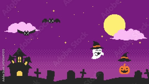 Halloween Pixel Art Ver.2, Purple Sky, Loop Background