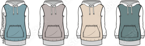 Vector illustration of four sleeveless hoodies in different colors with a kangaroo pocket