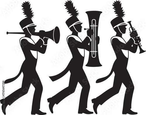 black silhouette of marching band on white background, vector