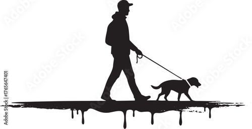 Silhouette of a man walking his dog on a graphic drip design bac