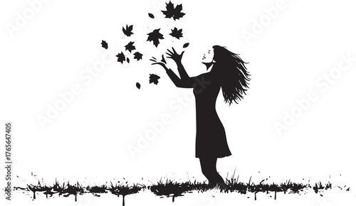 Silhouette of a woman tossing autumn leaves, embodying the spiri