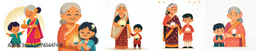 vector of an indian grandmother and grandson celebrating diwali