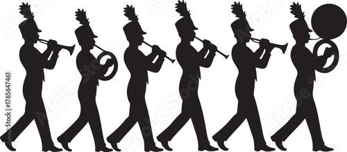 black silhouette of marching band on white background, vector