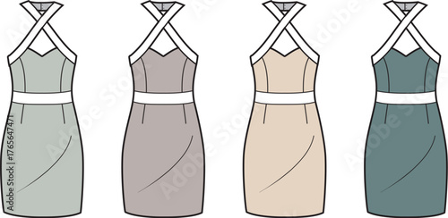 A collection of women's halter neck wrap dresses with crisscross straps shown in four different colorways. A modern and elegant fashion design technical flat vector sketch