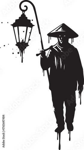 Silhouette of a figure carrying a lantern with artistic dripping