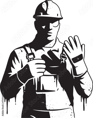 Industrial worker wearing protective gloves and hard hat in mono