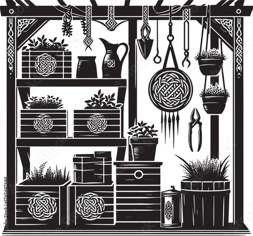 Illustration of a stylized garden shed with various gardening to