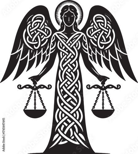 Artistic Depiction of an Angelic Figure Holding Scales in a Celt