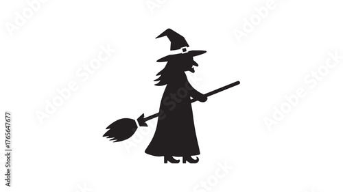 Silhouette of a witch with a broom vector illustration for Halloween design isolated on wh