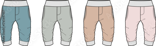 Versatile set of baby and toddler cuffed jogging pants technical flat sketches in blue, grey, brown, and pink, featuring elastic waists for comfortable children's fashion design