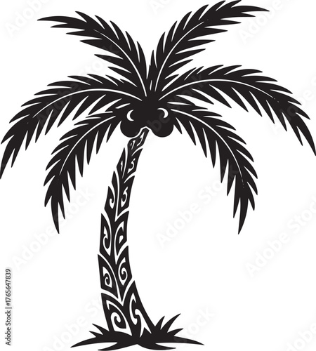 Stylized palm tree illustration with tribal patterns, tropical g