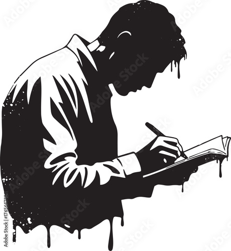 Introspective writer in monochrome creating verses in a novel si