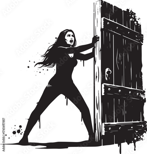 Desperate struggle: A woman fiercely attempts to force open a he