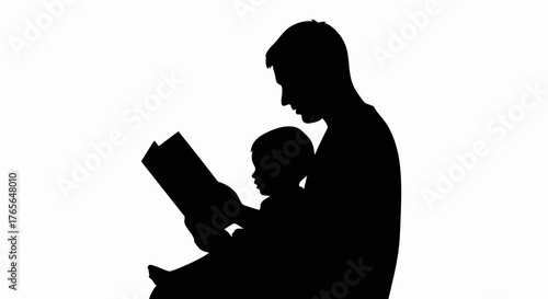 Black silhouette of a father reading a book to his child. Family bonding and storytelling vector illustration. Minimalist icon for parenting and education
