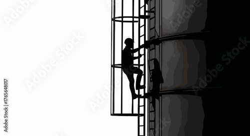 Silhouette of an industrial worker climbing a caged ladder. Construction and safety at height concept. Vector illustration isolated on white background